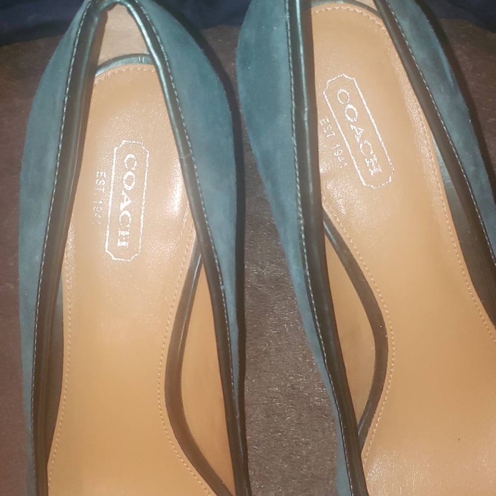 PRIVATE LISTING COACH SUEDE TEAL WEDGE HEELS 9 - Picture 2 of 10